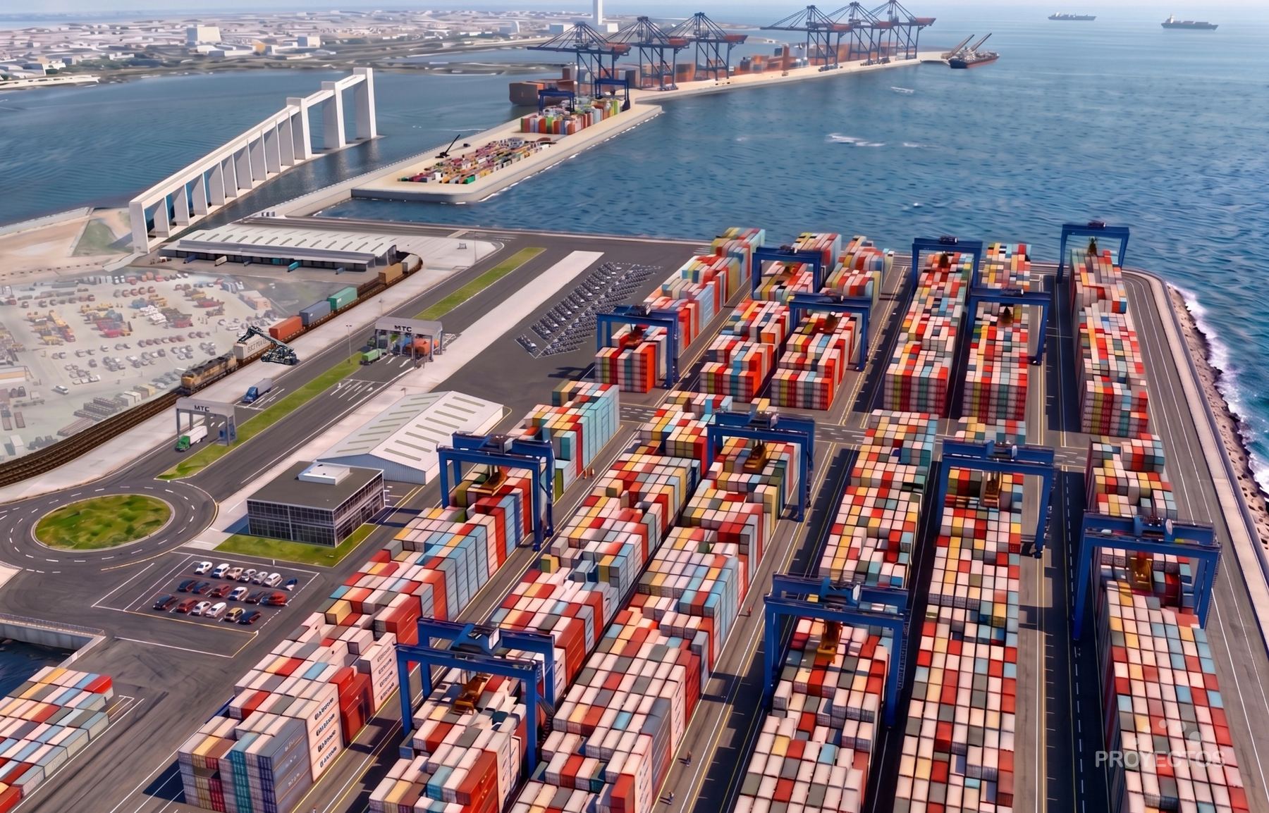 Render aéreo de la terminal MCT con la ciudad de Montevideo al fondo